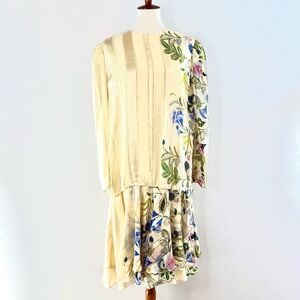 Vintage JUDY HORNBY COUTURE Floral Cream Silk Chiffon Drop Waist Dress